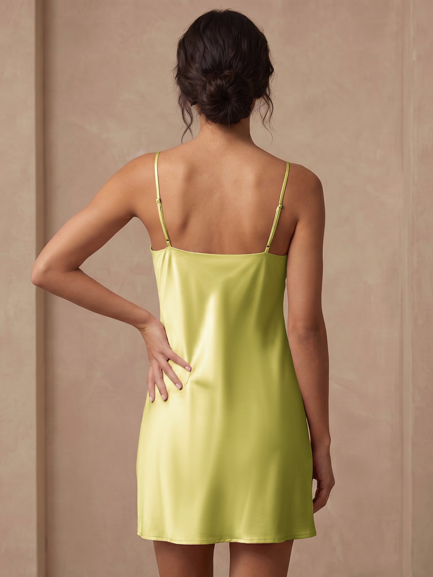 100% Mulberry Silk Cowl Neck Slip Nightdress#color_Lime Green