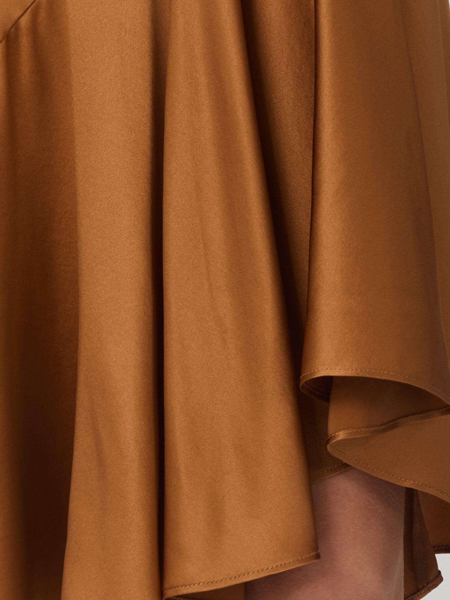 22 Momme Silk Asymmetrical Ruffle Midi Skirt#color_Caramel