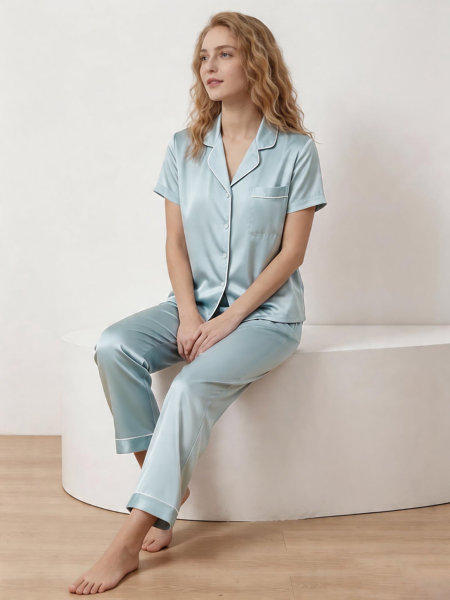 Classic Silk Piping Pajama Set#color_Dusty Blue