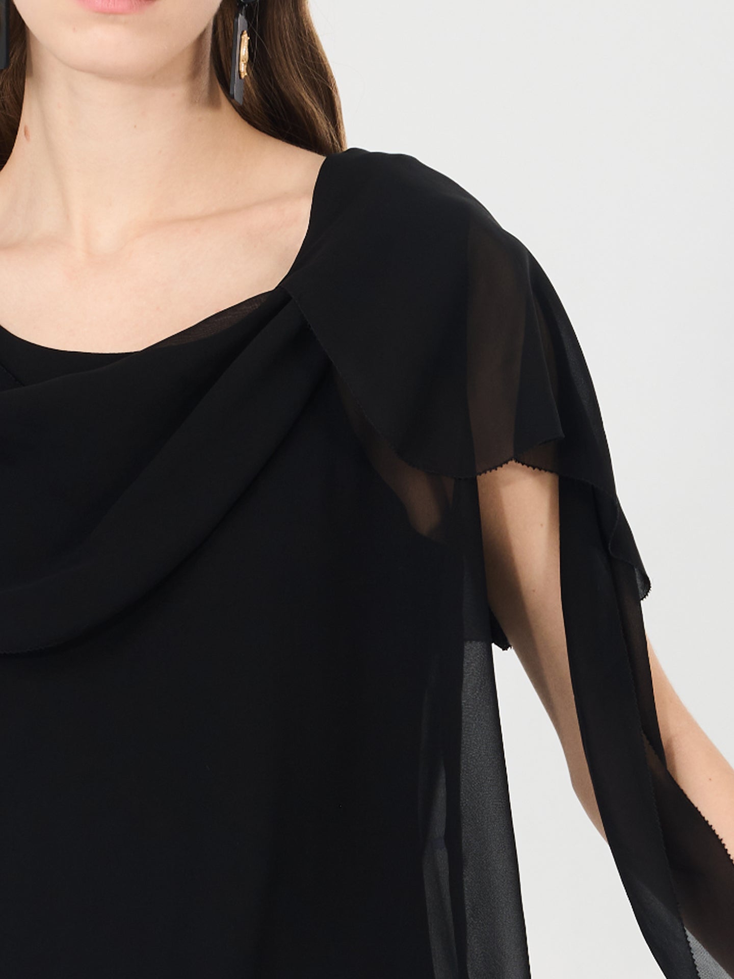 Sheer Silk Draped Scarf Blouse#color_Black