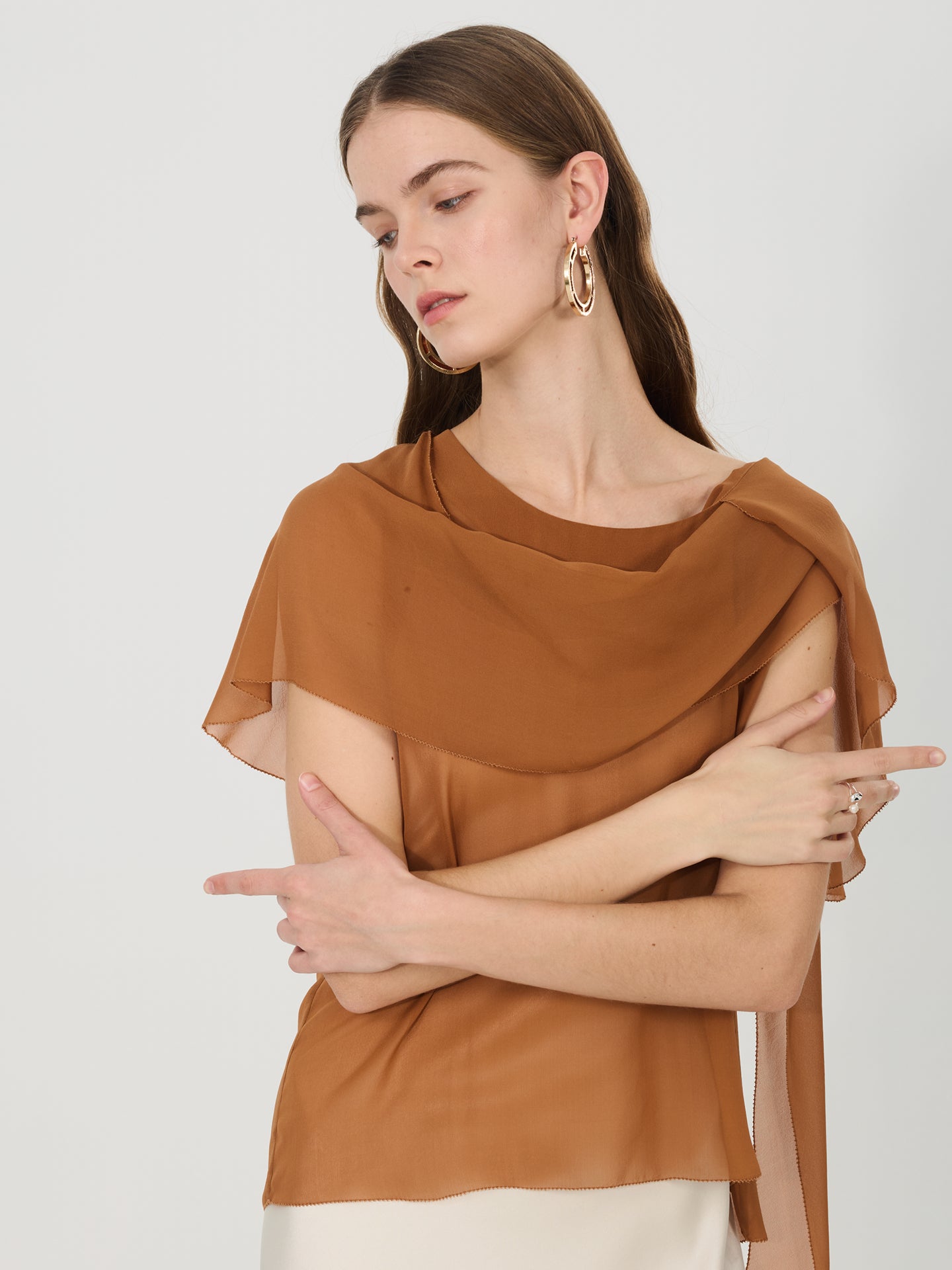 Sheer Silk Draped Scarf Blouse#color_Caramel