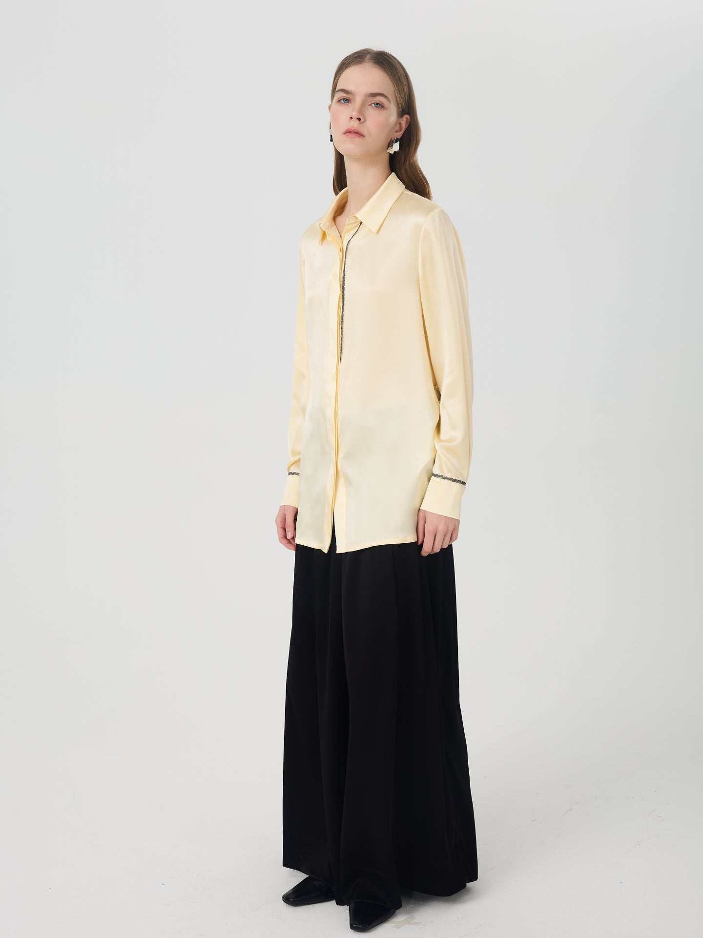 Mulberry Silk Contrast-Trim Shirt#color_Light Lemon Yellow