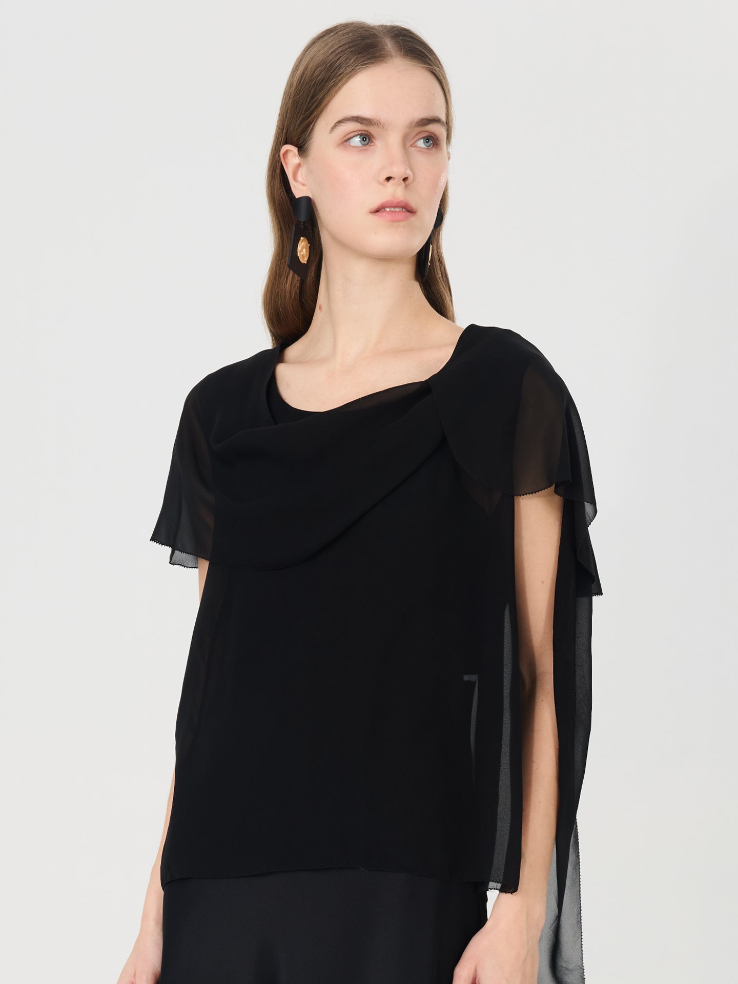 Sheer Silk Draped Scarf Blouse#color_Black