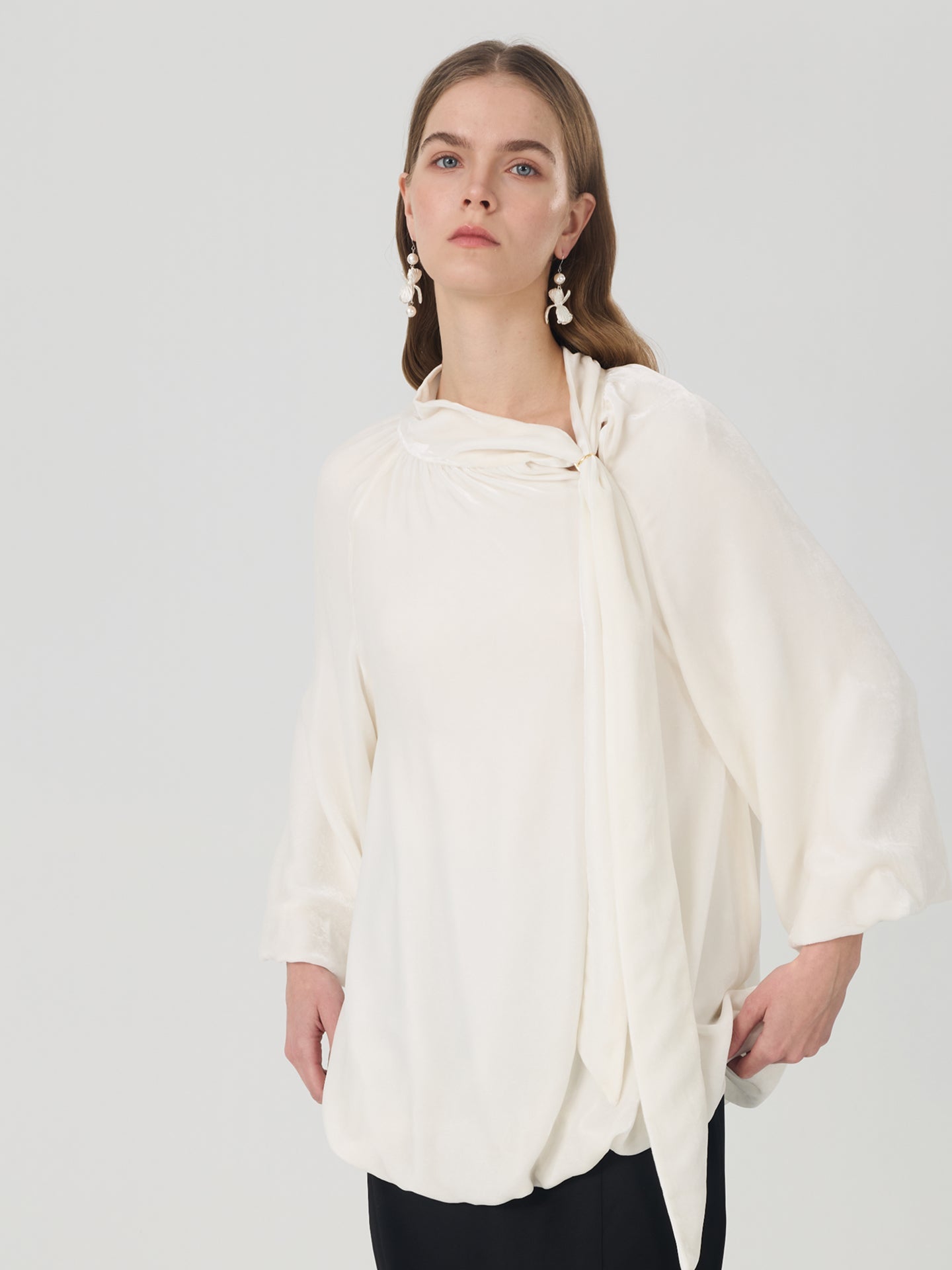 Silk Blend Tie-Neck Blouson Blouse#color_White