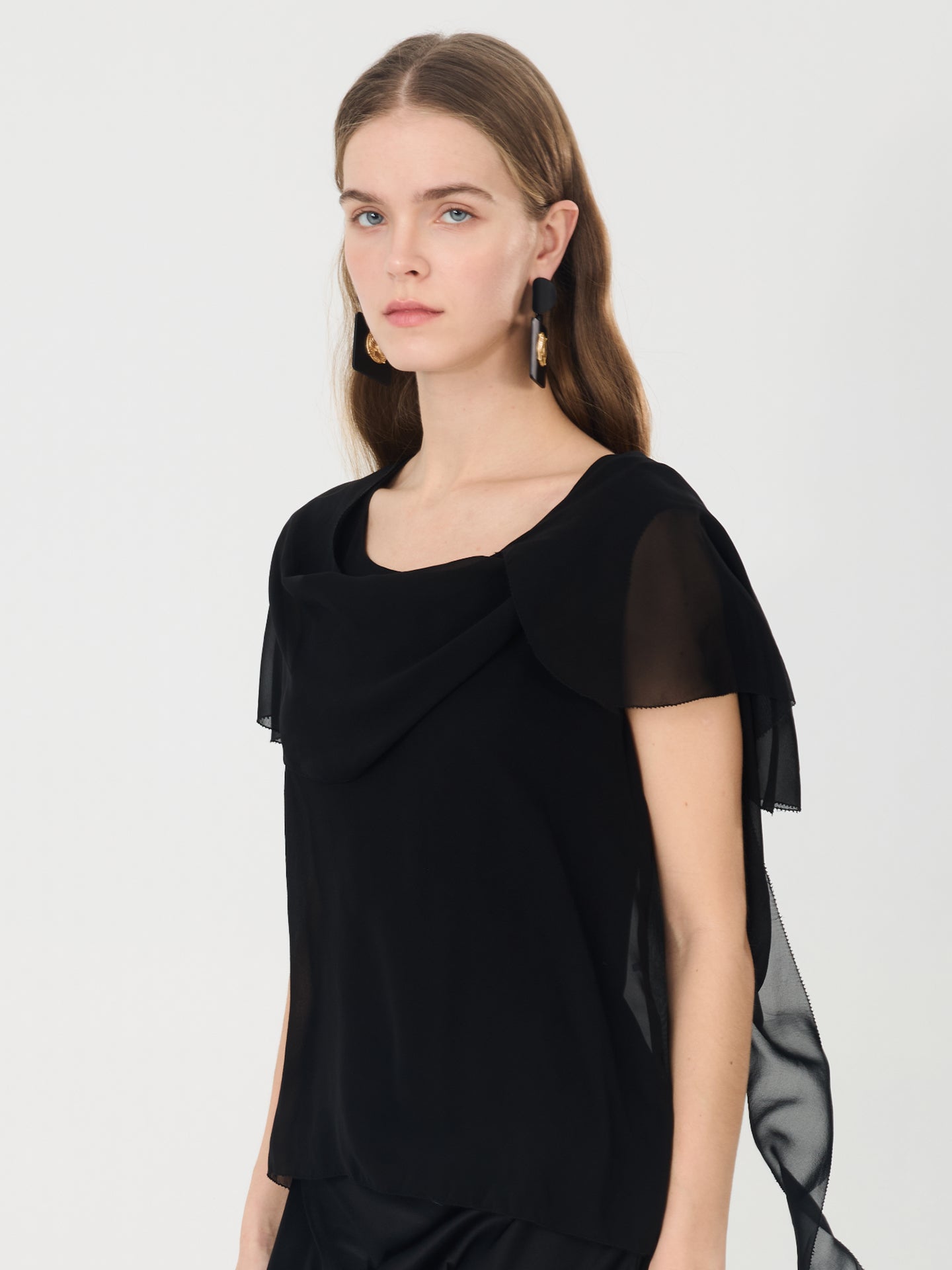 Sheer Silk Draped Scarf Blouse#color_Black