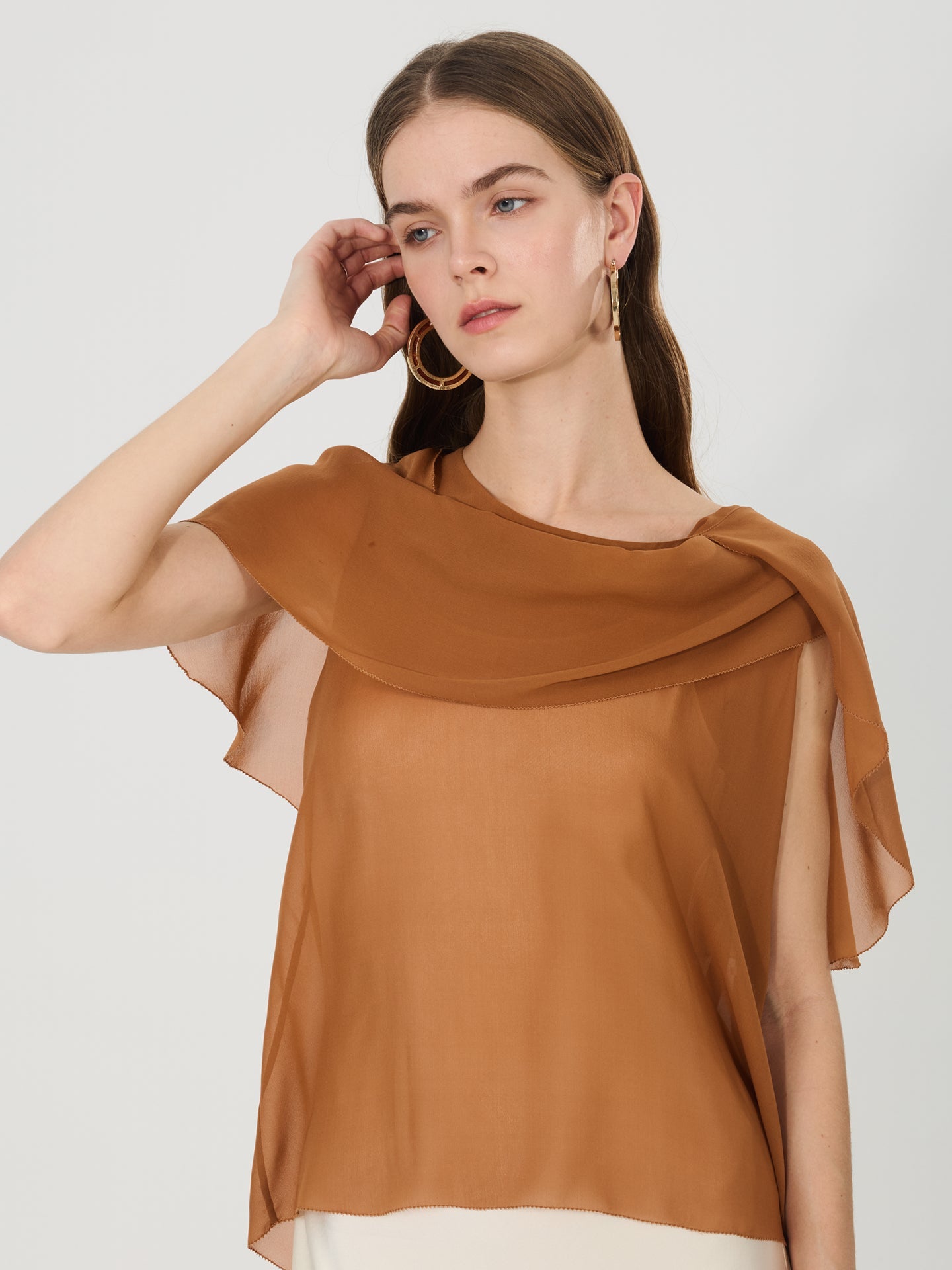 Sheer Silk Draped Scarf Blouse#color_Caramel