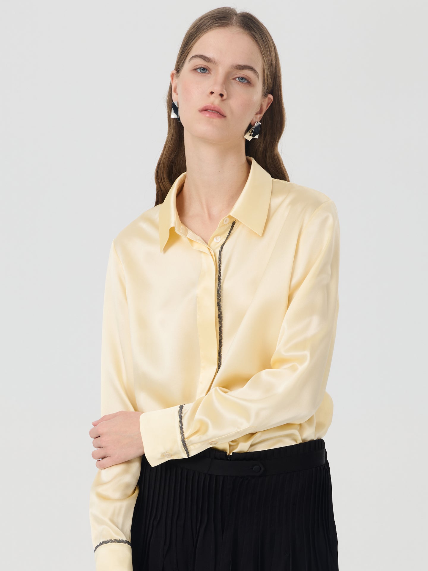 Mulberry Silk Contrast-Trim Shirt#color_Light Lemon Yellow
