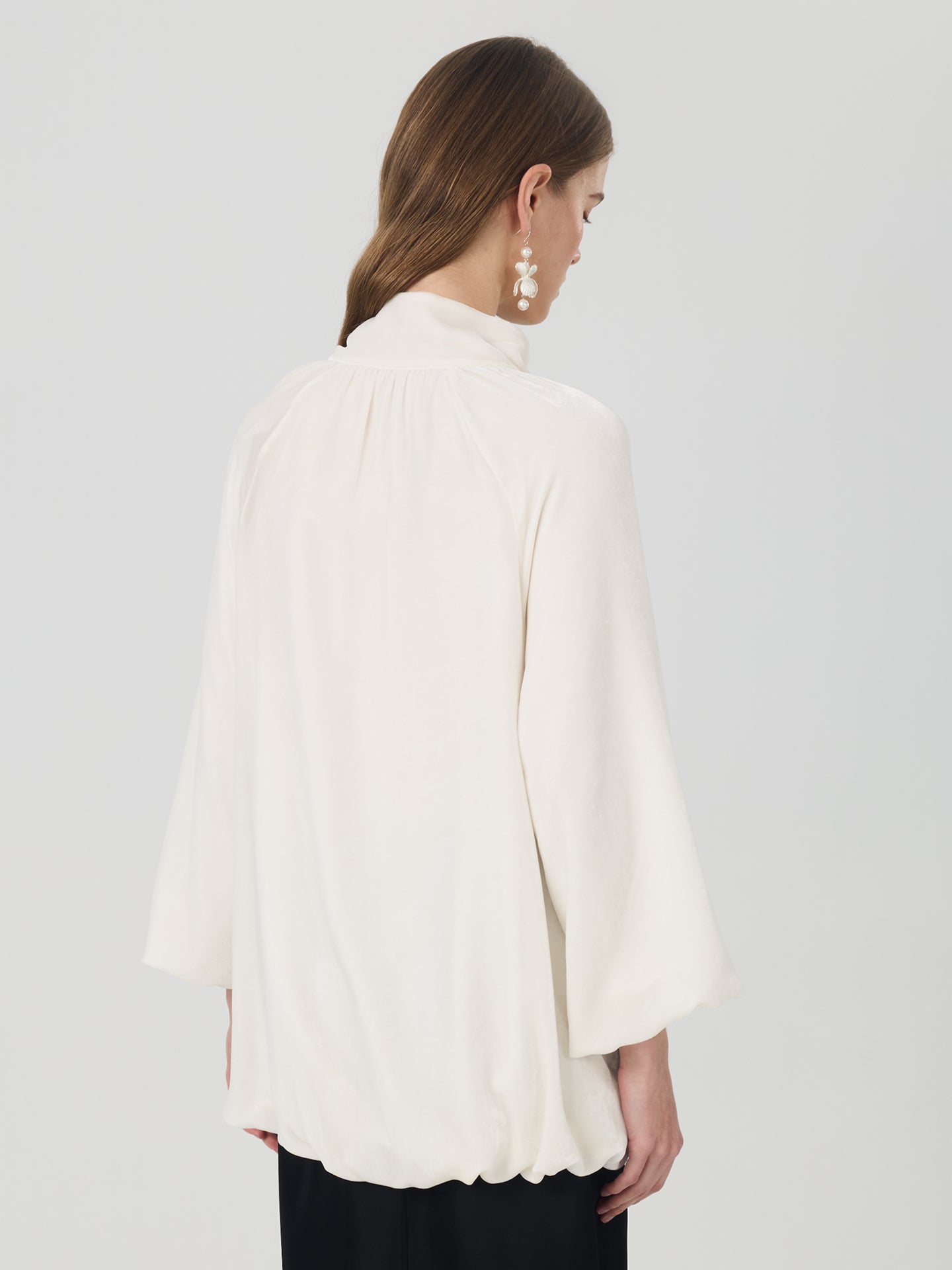 Silk Blend Tie-Neck Blouson Blouse#color_White