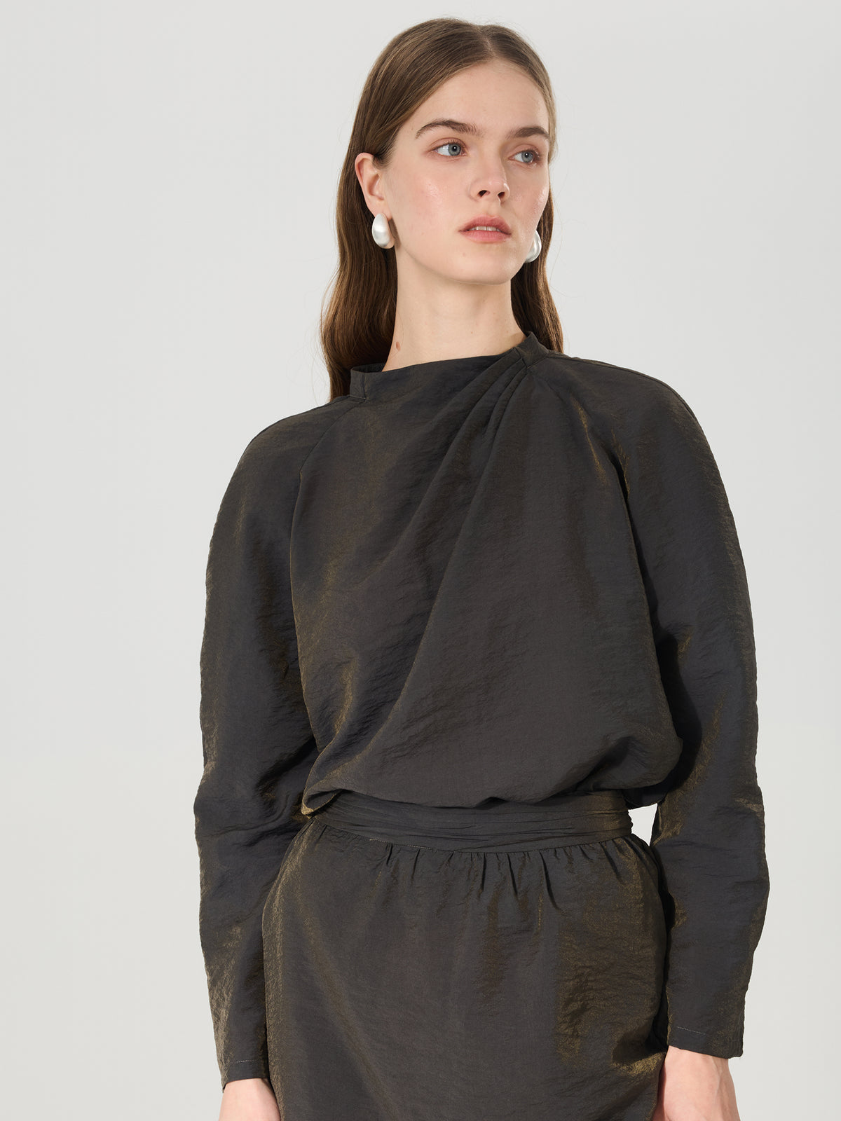 Mulberry Silk Draped Long Sleeve Blouse#color_Charcoal