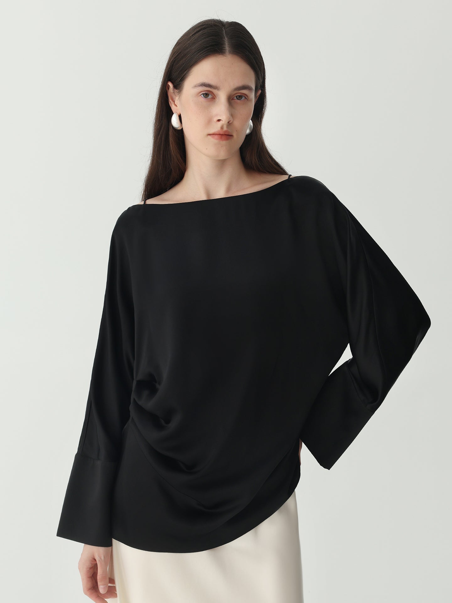 Batwing Sleeve Silk Top with Asymmetrical Pleates#color_Black