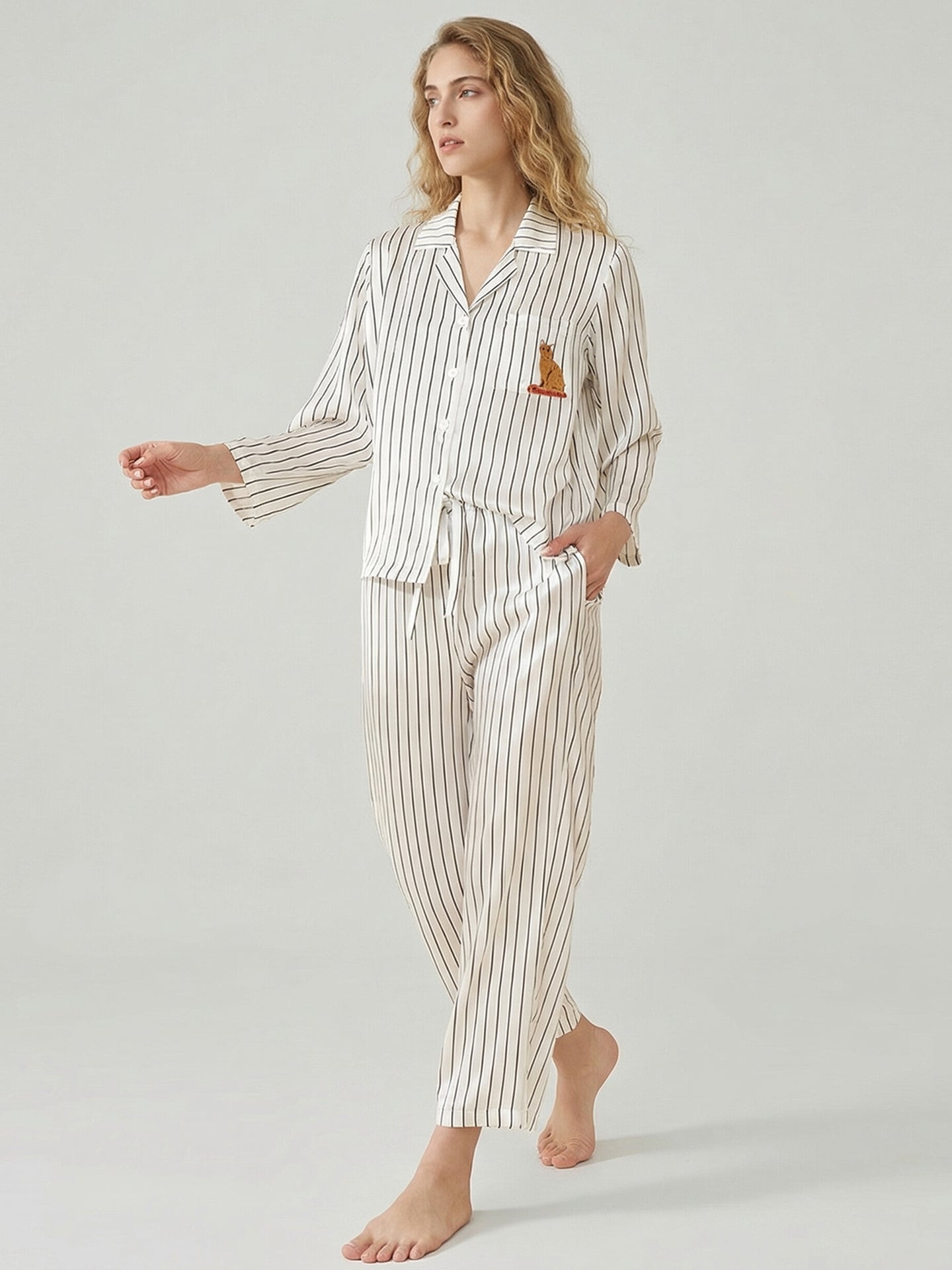 100% Mulberry Silk Striped Pajama Set#color_White Stripes