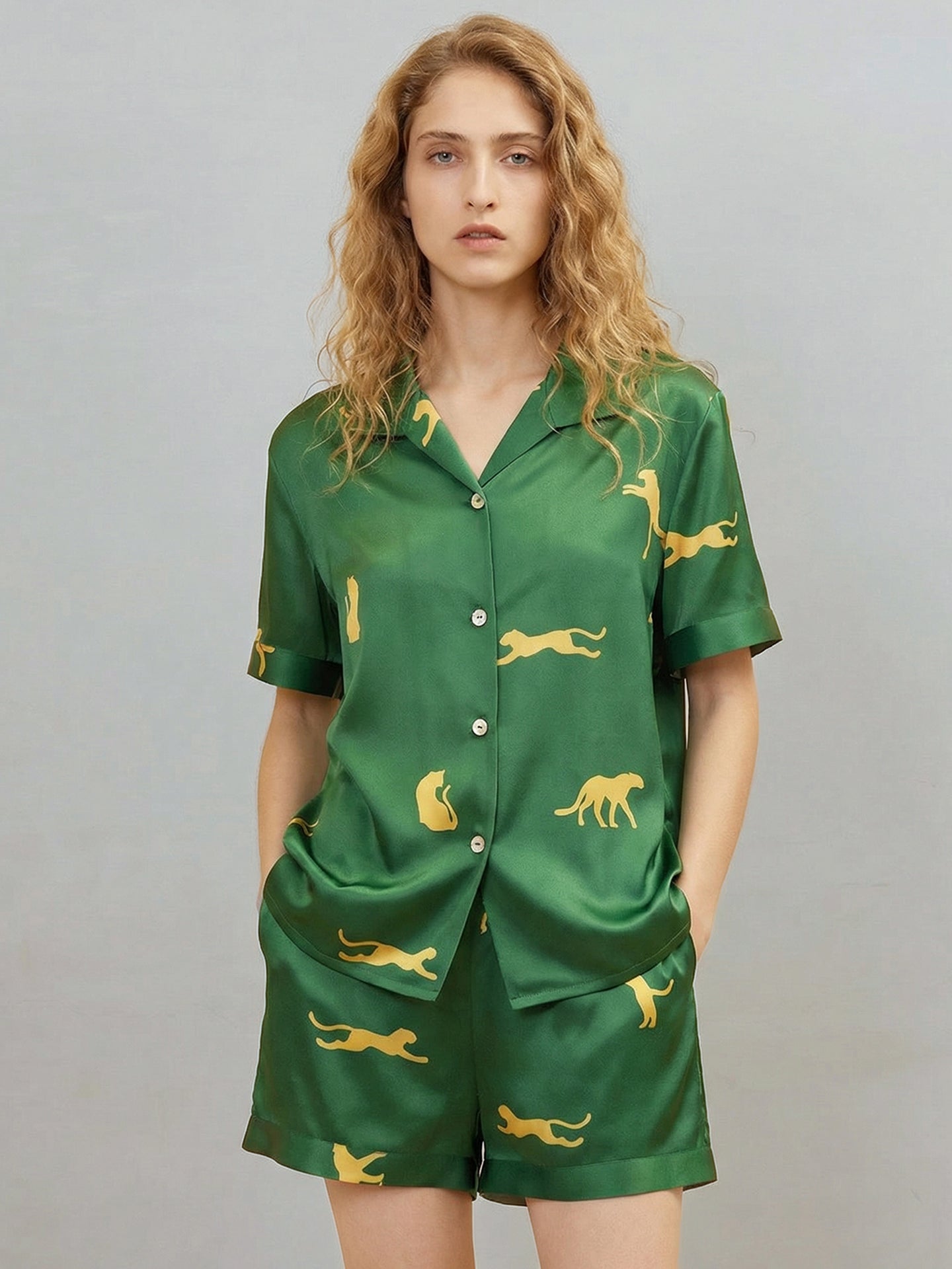 Silk Leopard Print Pajama Set#color_Dark Green