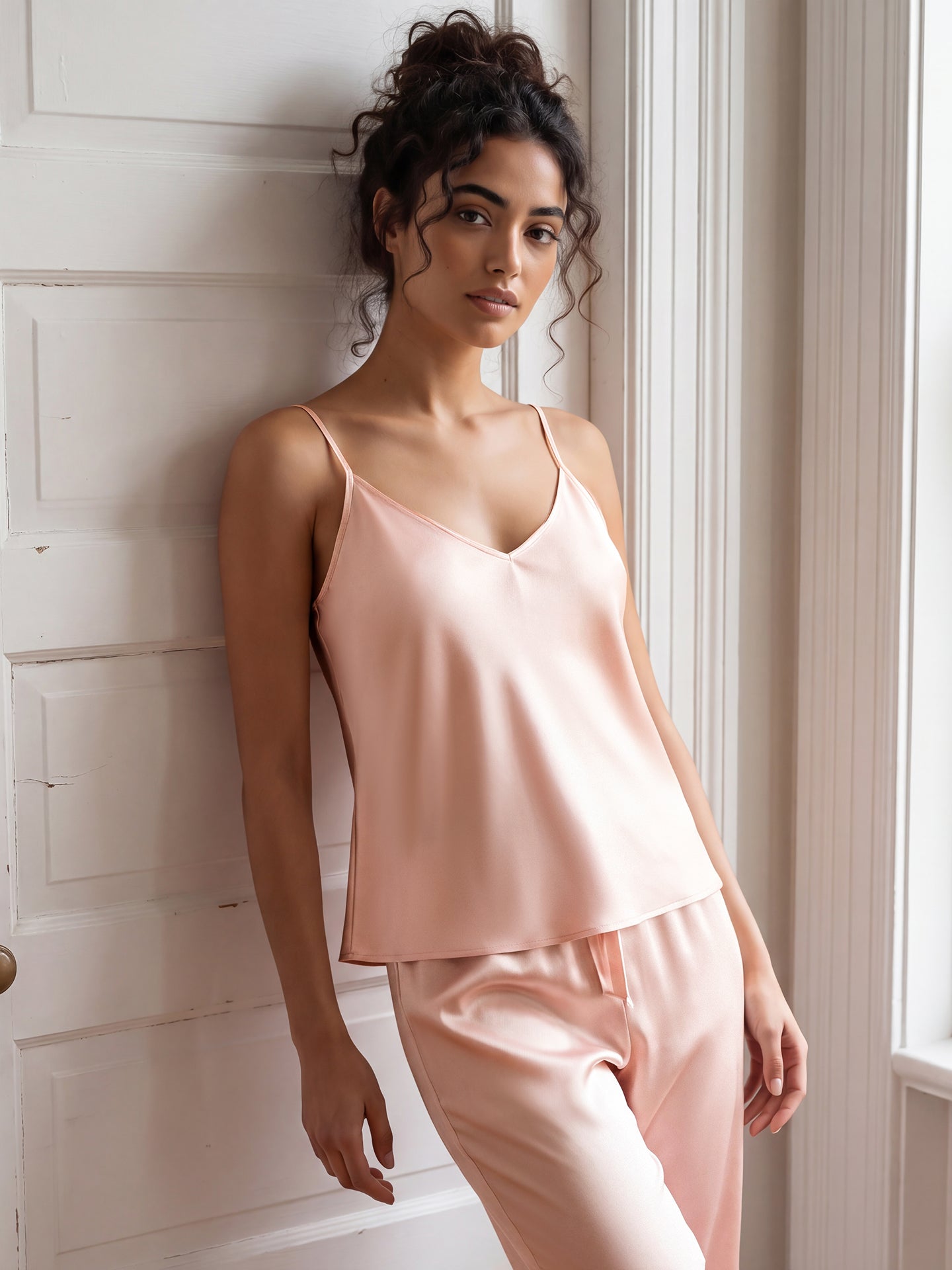 22 Momme Mulberry Silk Camisole Pajama Set with Wide-Leg Pants#color_Blush Pink