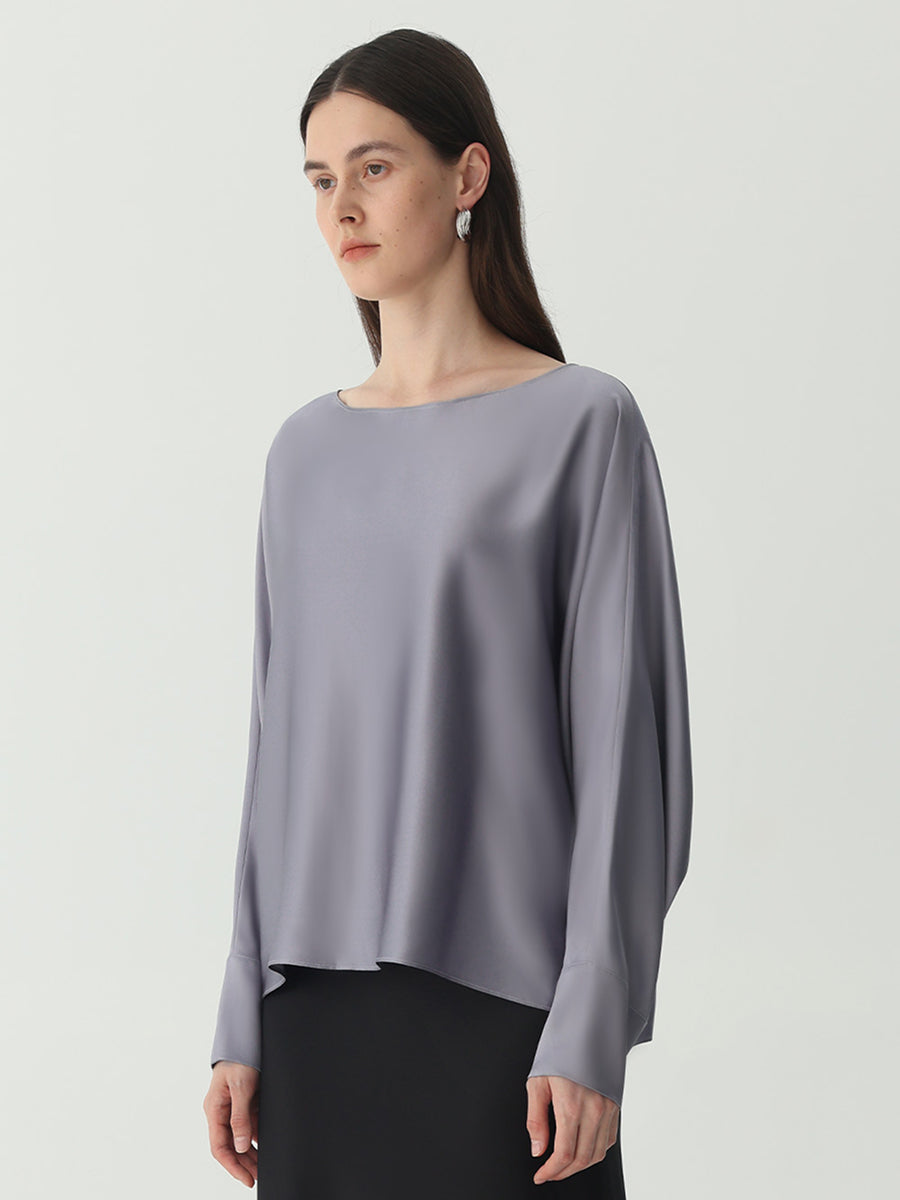 Batwing-Sleeve Blouse in Silk #color_Indigo Gray