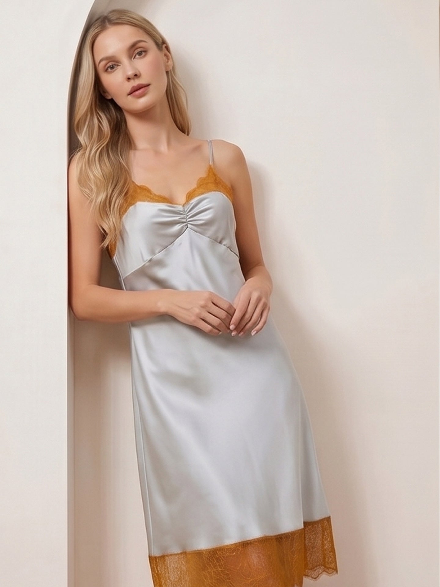 Mulberry Silk Ruched Nightdress with Contrast Lace Trim#color_Mint Green