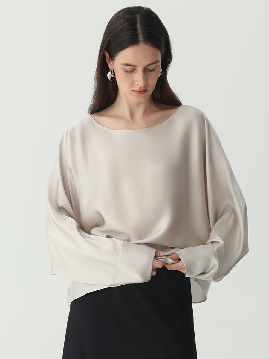 Batwing-Sleeve Blouse in Silk #color_Soft Gray White