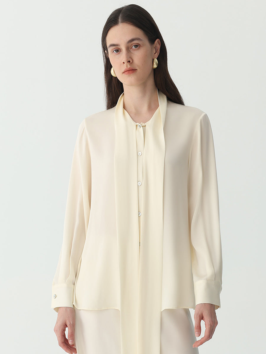 Bow-Tie Neck Silk Blouse #color_Ivory White