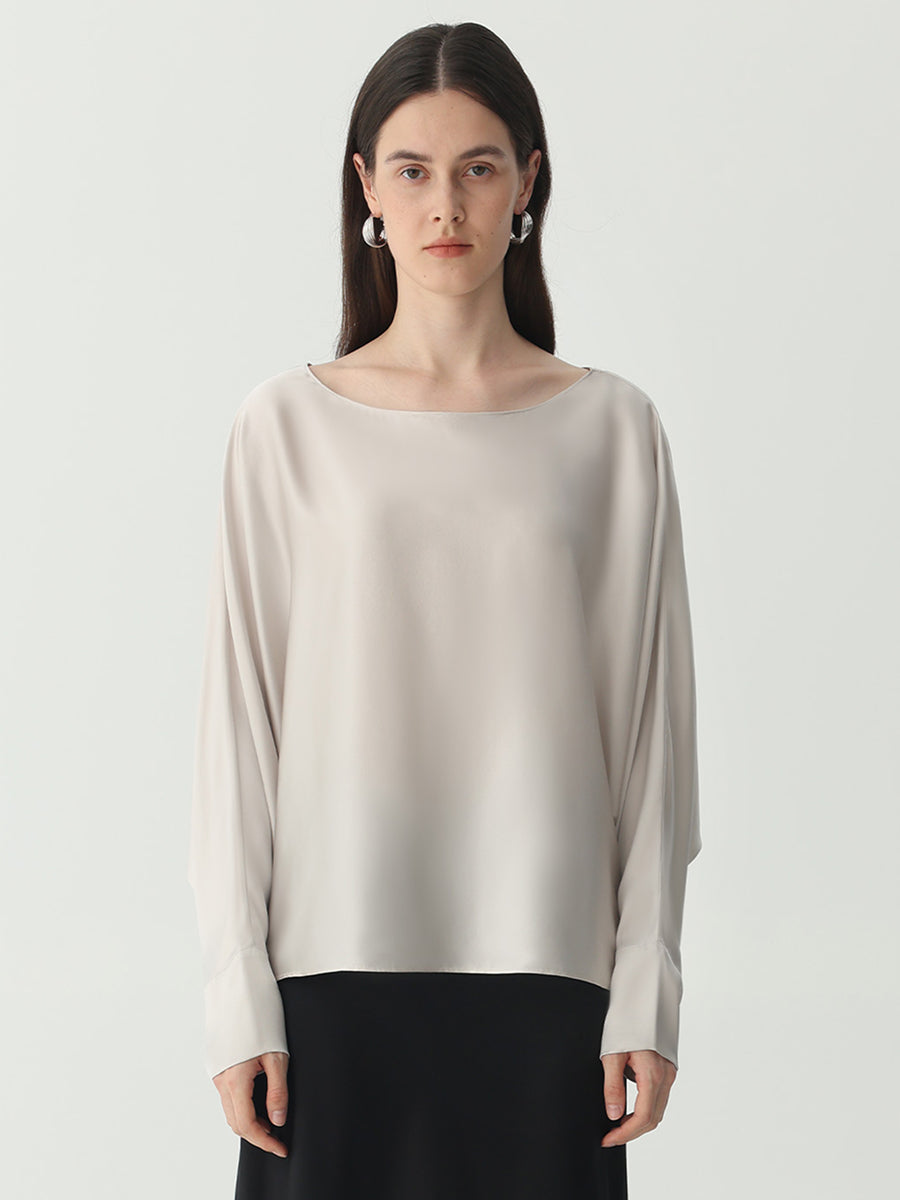 Batwing-Sleeve Blouse in Silk #color_Soft Gray White