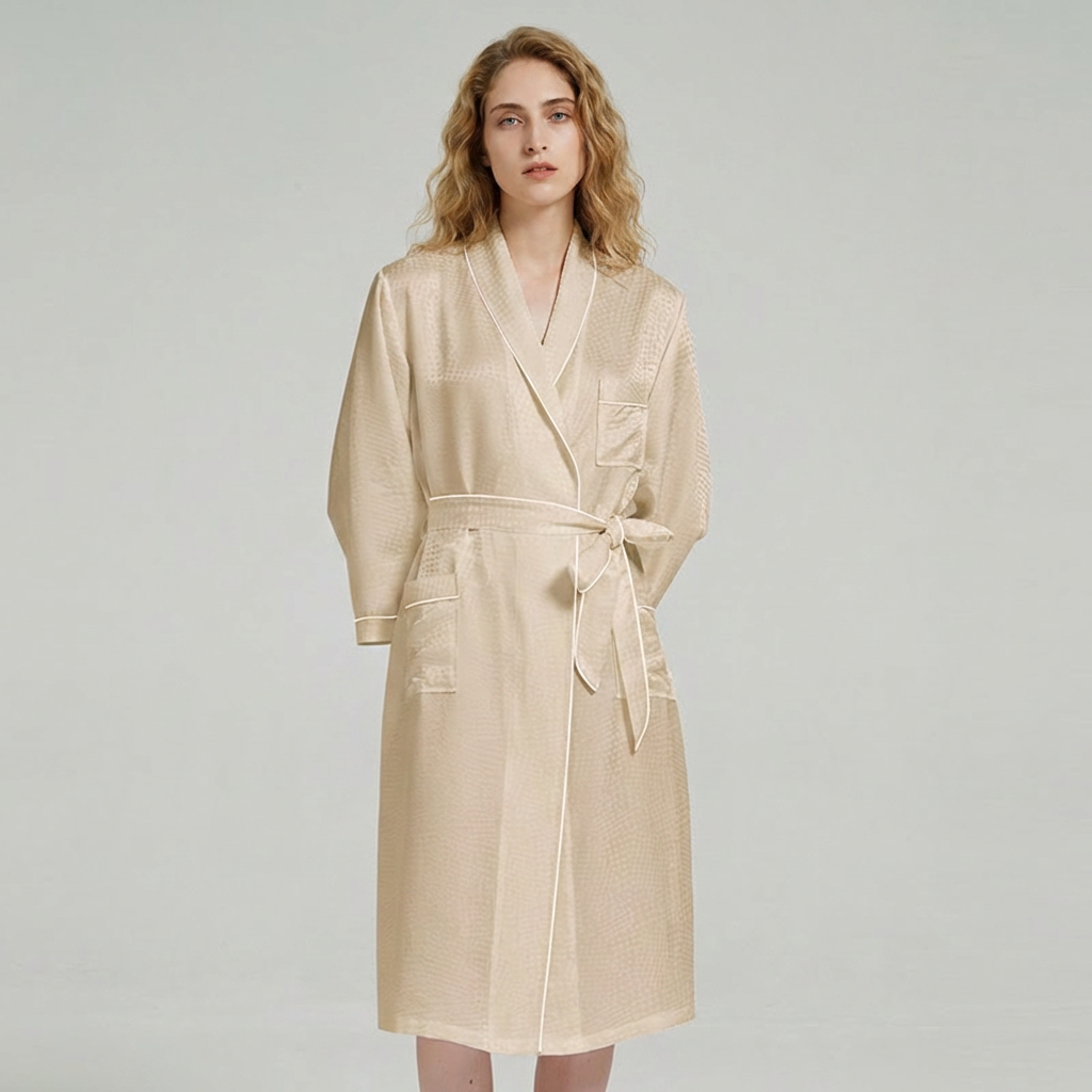 19 Momme Mulberry Silk Robe with Belt#color_Light Gold